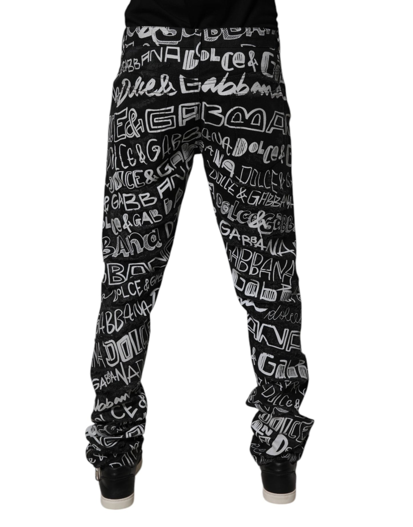 Black Cotton Logo Print Straight Denim Jeans