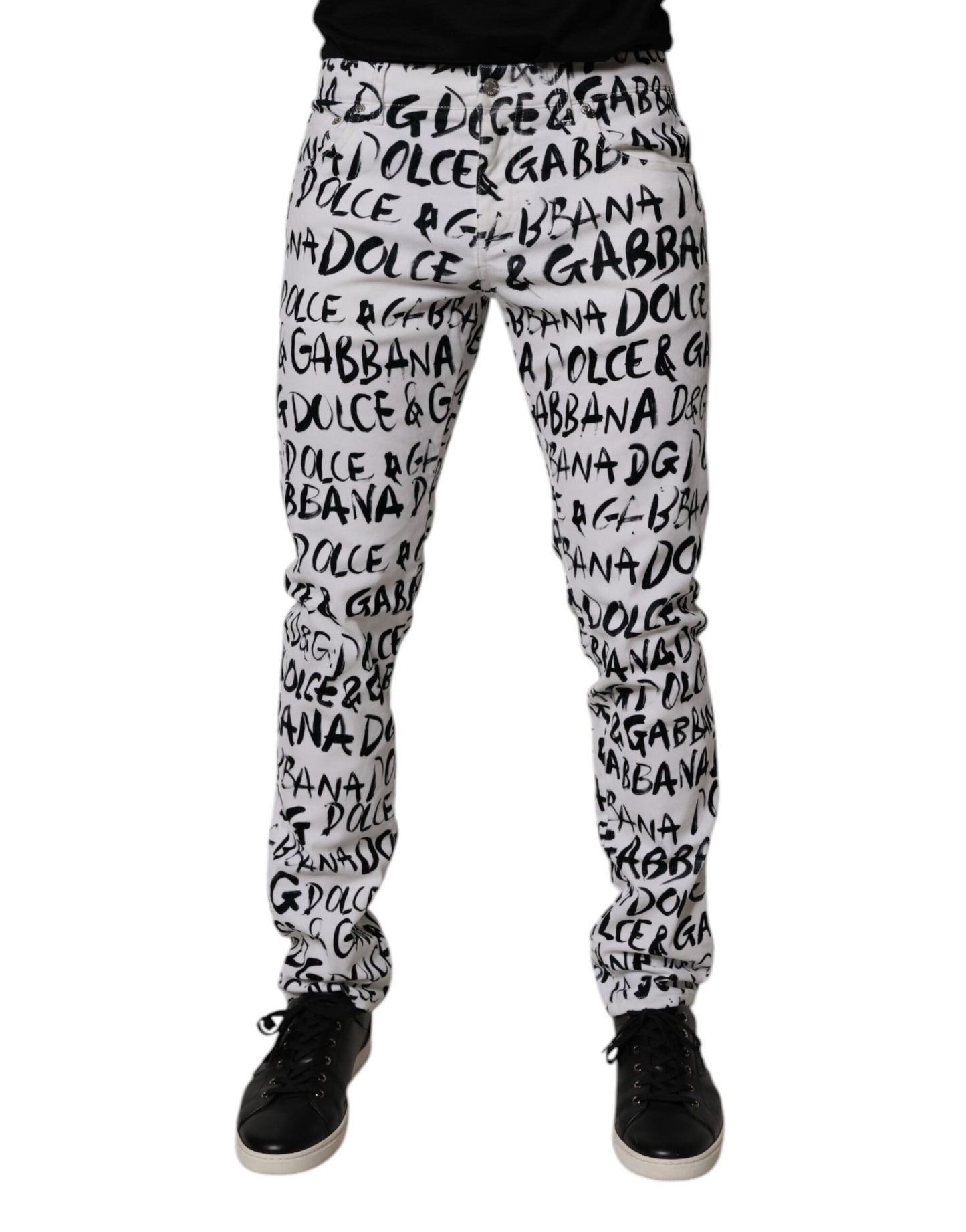 White Cotton Logo Print Skinny Denim Jeans