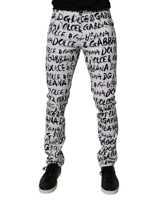 White Cotton Logo Print Skinny Denim Jeans