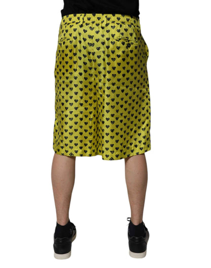 Green Silk Heart Print Bermuda Shorts