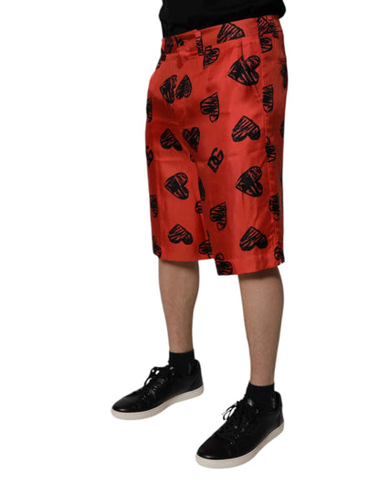 Orange Silk Heart Print Bermuda Shorts