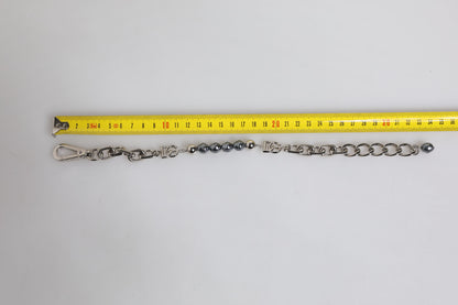 Silver Tone Chain Lobster Clasp Logo Gray Pearls Bracelet