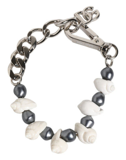 Silver Tone Brass Beaded Shell DG Logo Pendant Bracelet