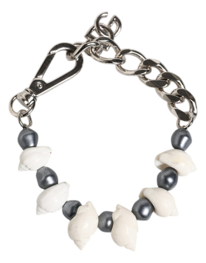 Silver Tone Brass Beaded Shell DG Logo Pendant Bracelet