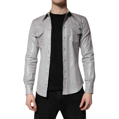 Metallic Gray Cotton Button Down Shirt