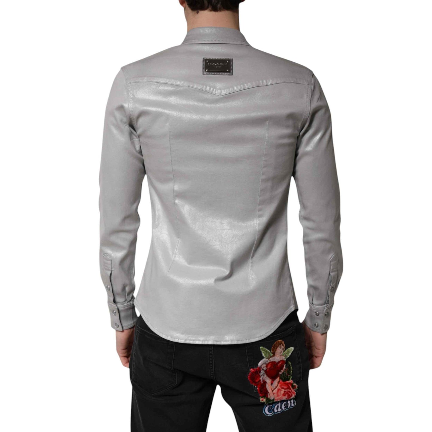 Metallic Gray Cotton Button Down Shirt