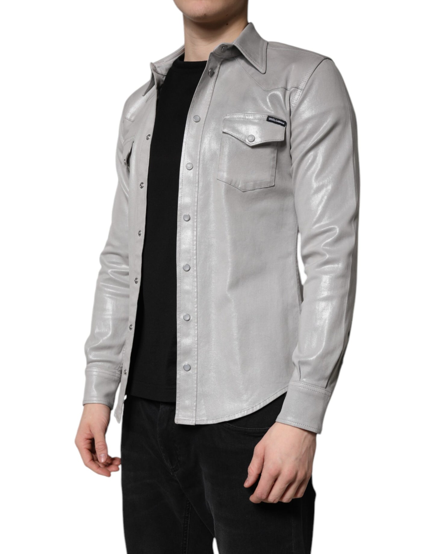 Metallic Gray Cotton Button Down Shirt