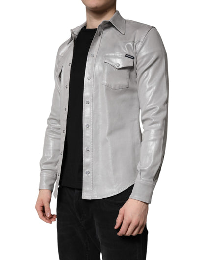 Metallic Gray Cotton Button Down Shirt