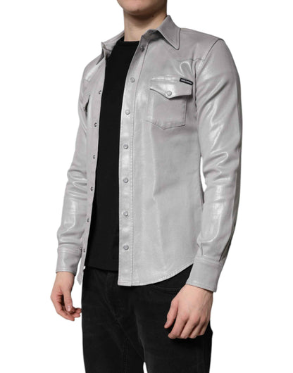 Metallic Gray Cotton Button Down Shirt