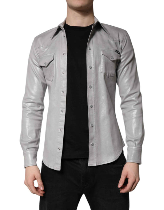 Metallic Gray Cotton Button Down Shirt