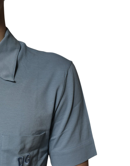 Blue Cotton Button Down Casual Men Polo Shirt