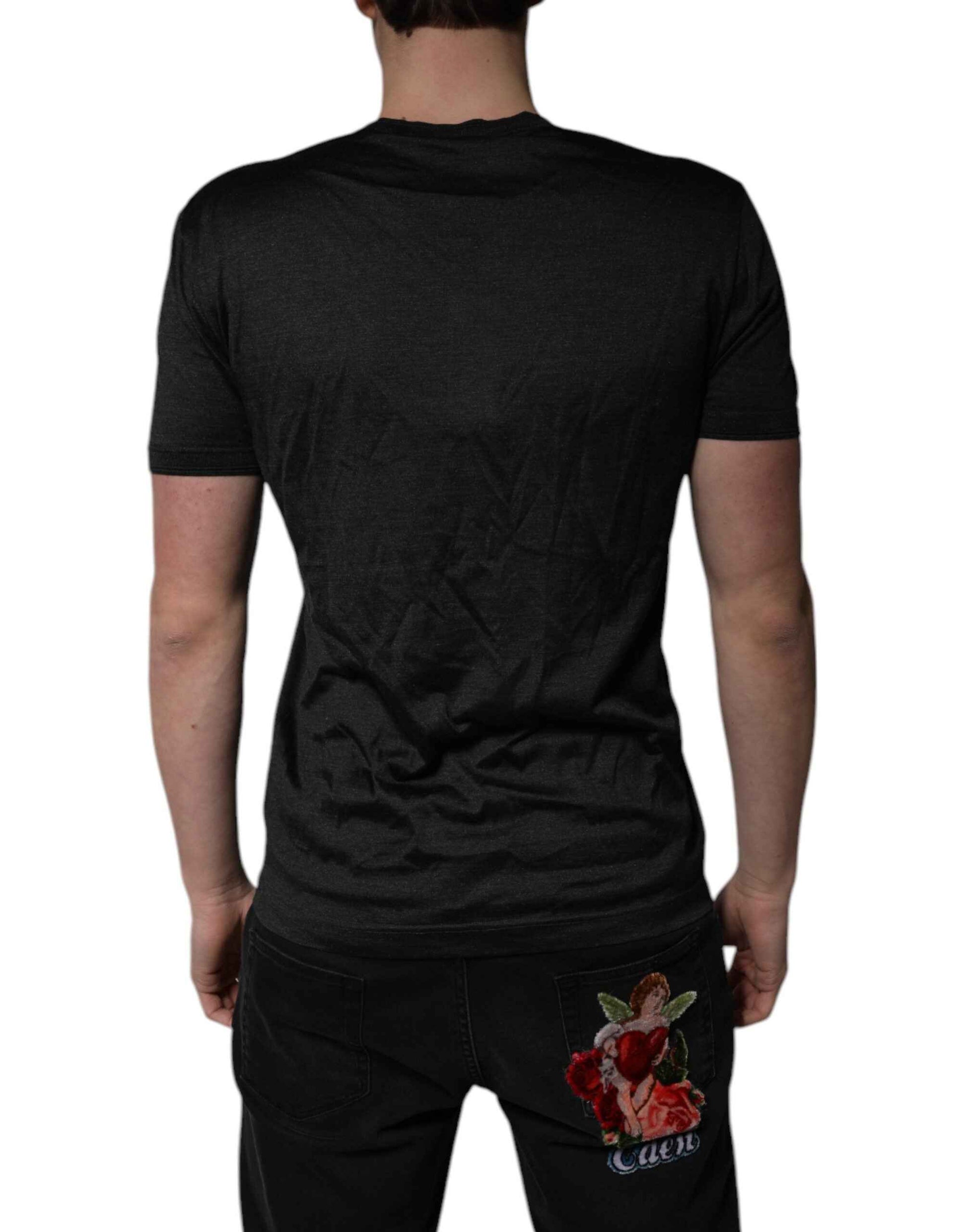 Dark Gray Silk V-neck Short Sleeves T-shirt