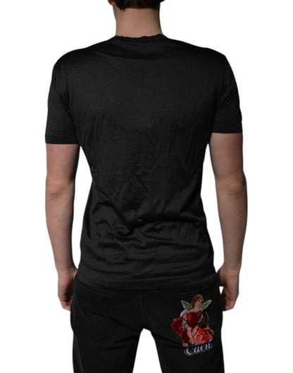 Dark Gray Silk V-neck Short Sleeves T-shirt