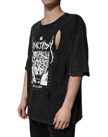 Black Graphic Print Cotton Crew Neck T-shirt