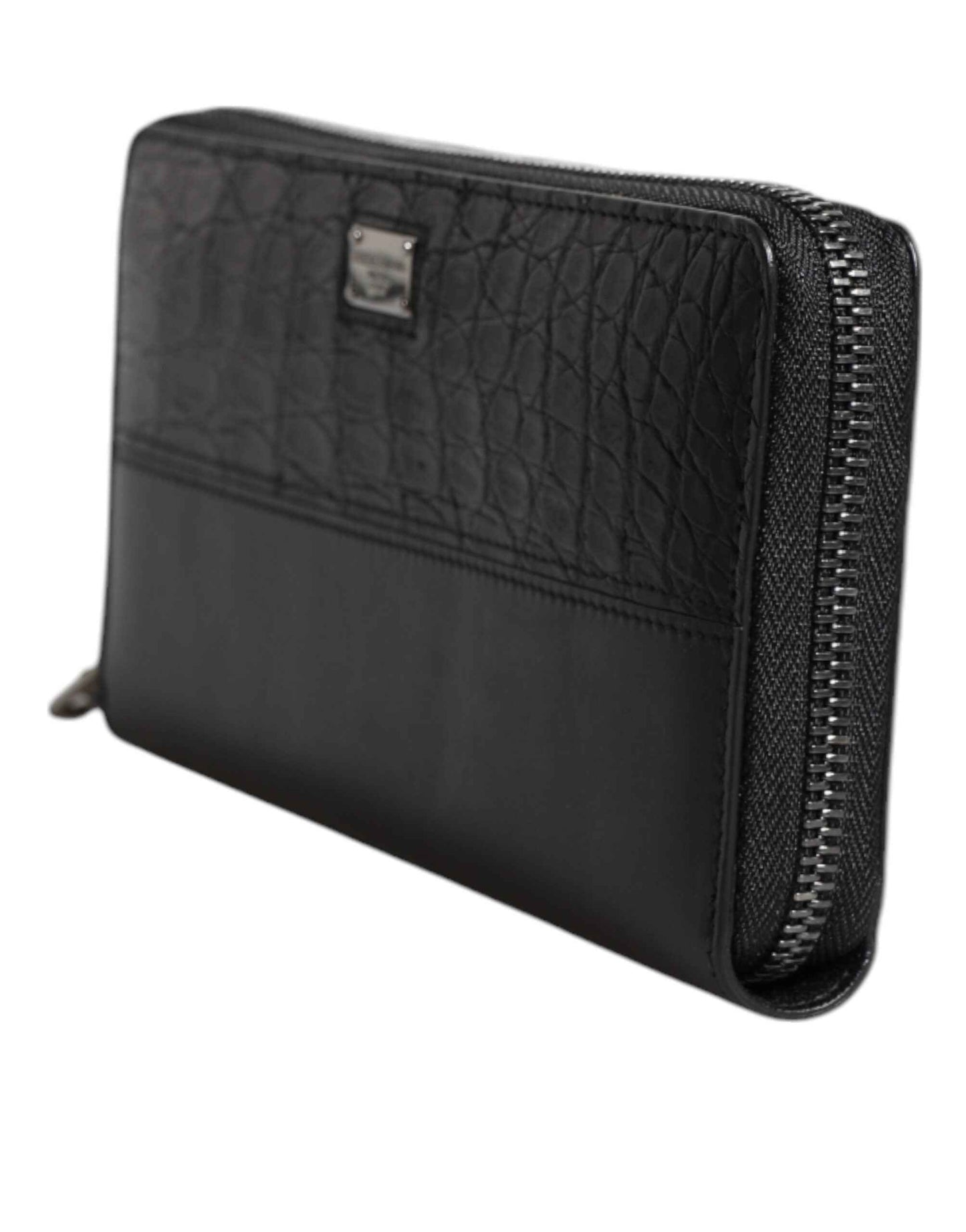 Black Leather Logo Plaque Zip Around Continental Wallet