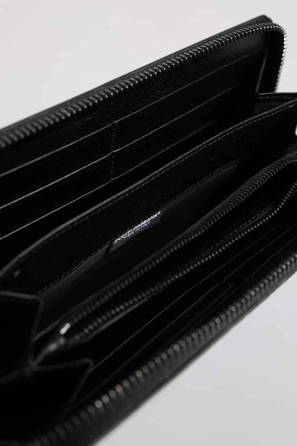Black Leather Logo Plaque Zip Around Continental Wallet