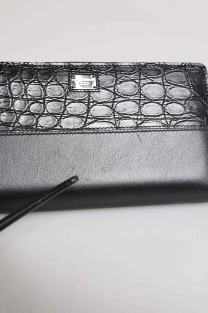 Black Leather Logo Plaque Zip Around Continental Wallet