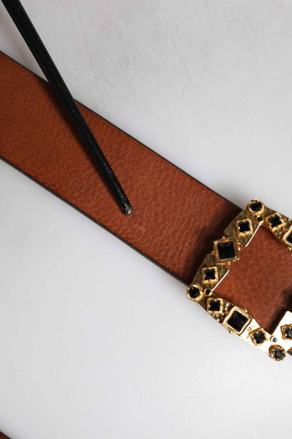 Brown Leather Gold Crystal Buckle Belt