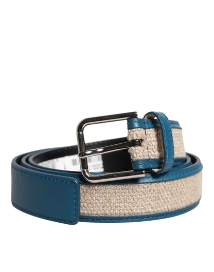 Blue Beige Leather Weaved Metal Buckle Belt