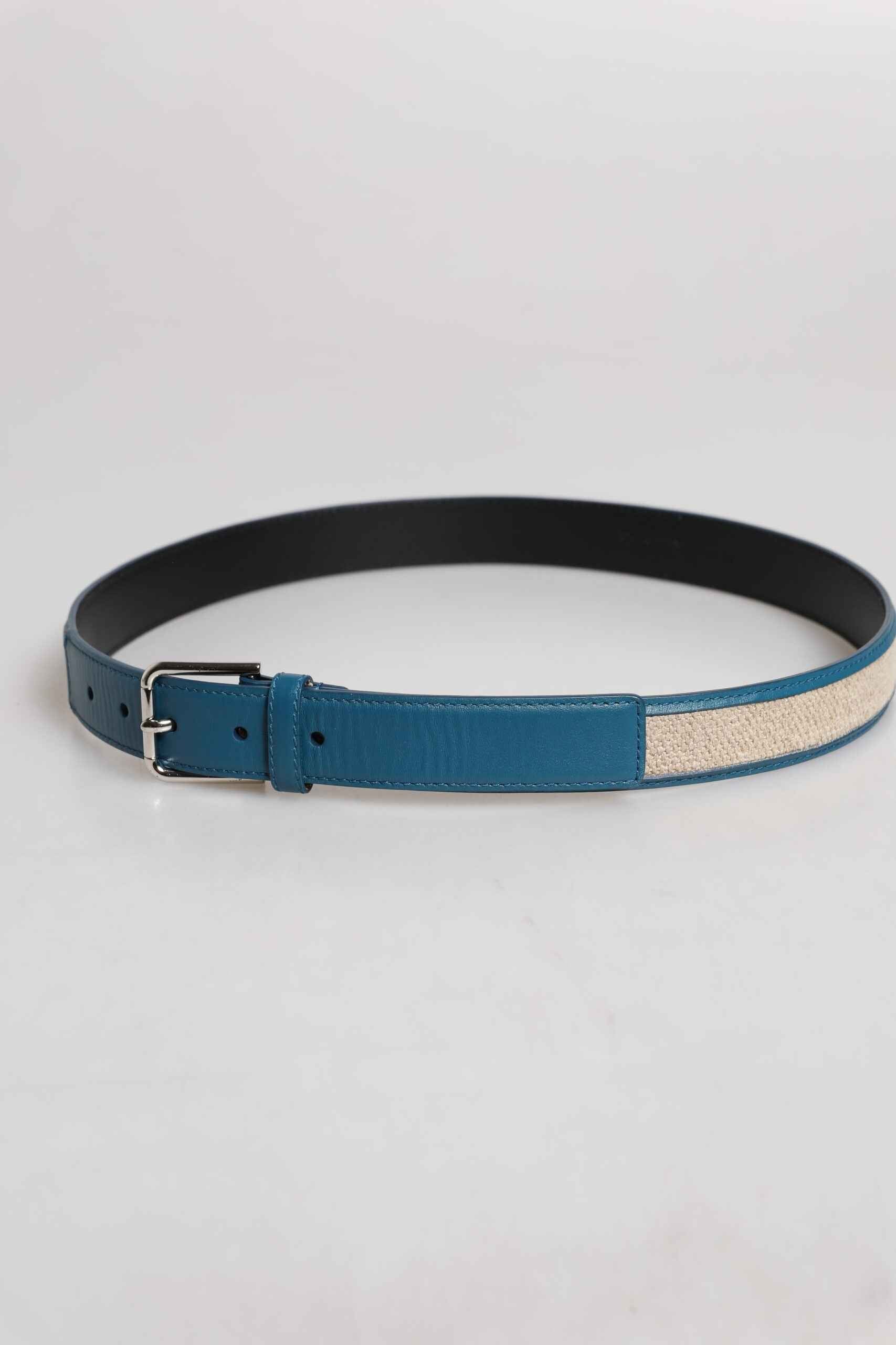Blue Beige Leather Weaved Metal Buckle Belt