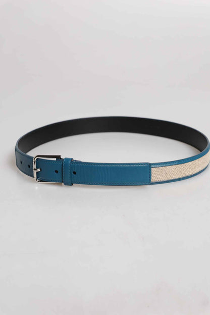 Blue Beige Leather Weaved Metal Buckle Belt