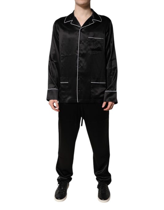 Black Silk Shirt Pants Pajama Set Sleepwear