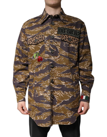 Brown Leopard Cotton Collared Coat Jacket