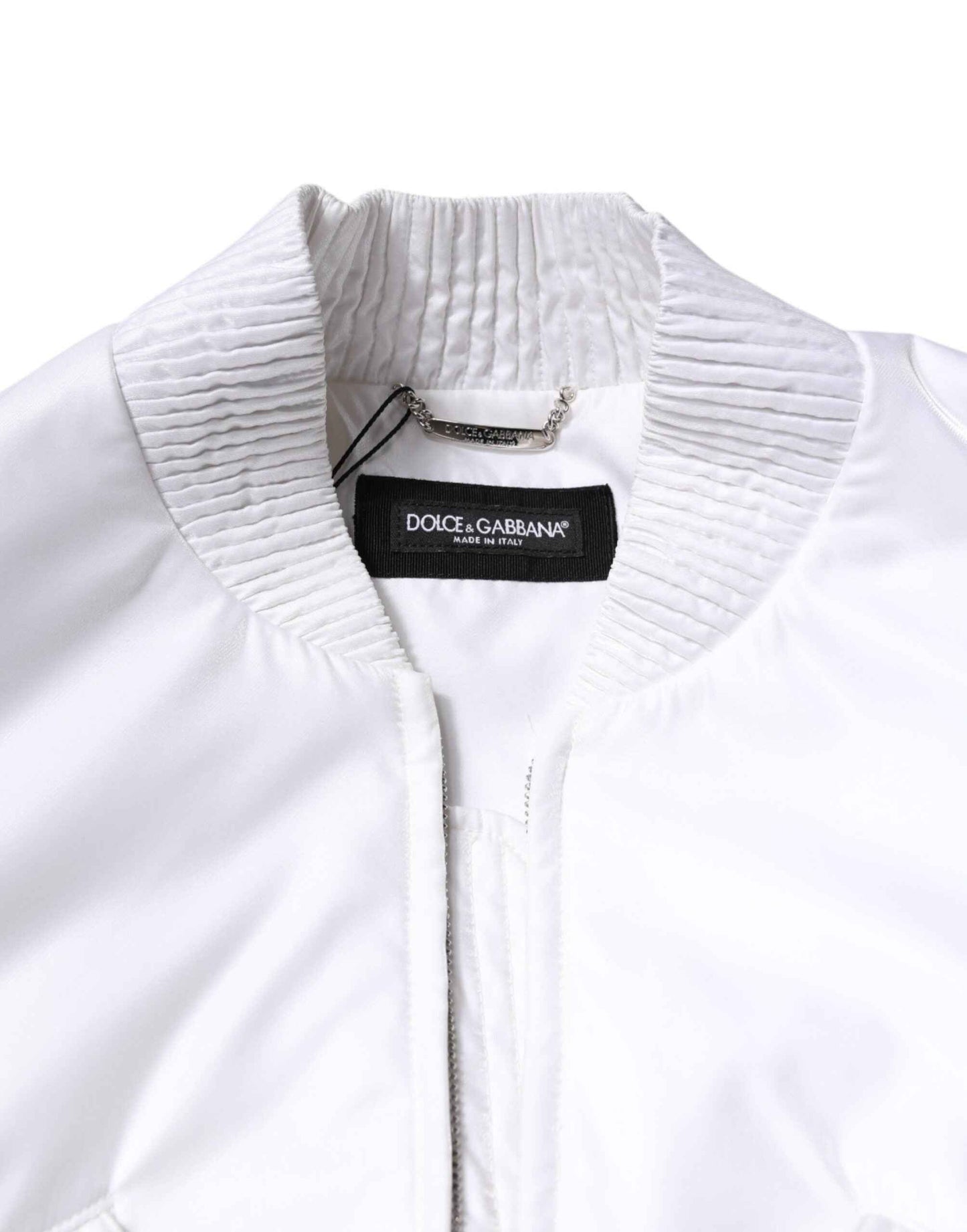 White Nylon Full Zip Cropped Bomber Jacket