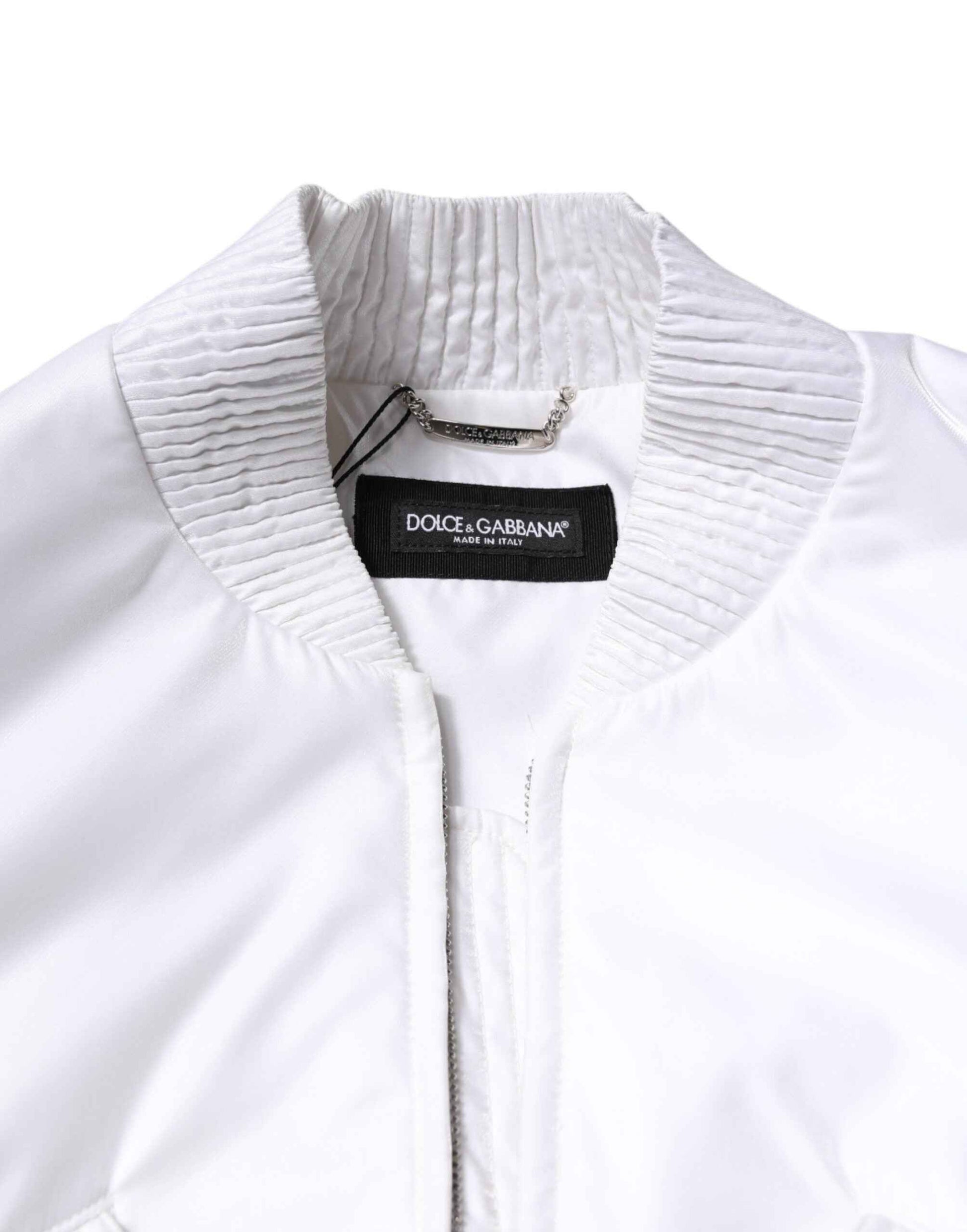 White Nylon Full Zip Cropped Bomber Jacket