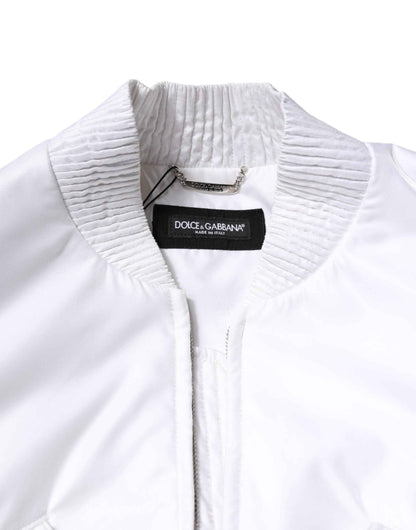 White Nylon Full Zip Cropped Bomber Jacket