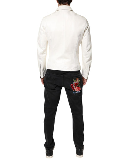 White Collared Full Zip Biker Coat Jacket
