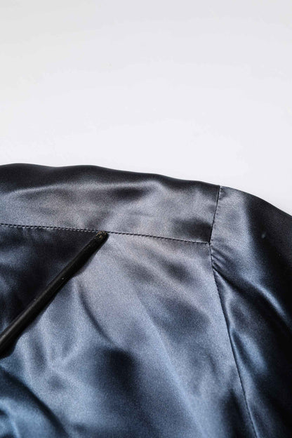 Blue Solid Silk Men Wrap Robe Coat Jacket