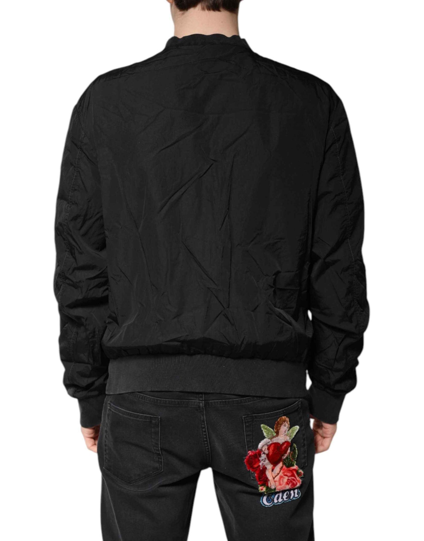 Black Nylon Logo Full Zip Bomber Jacket