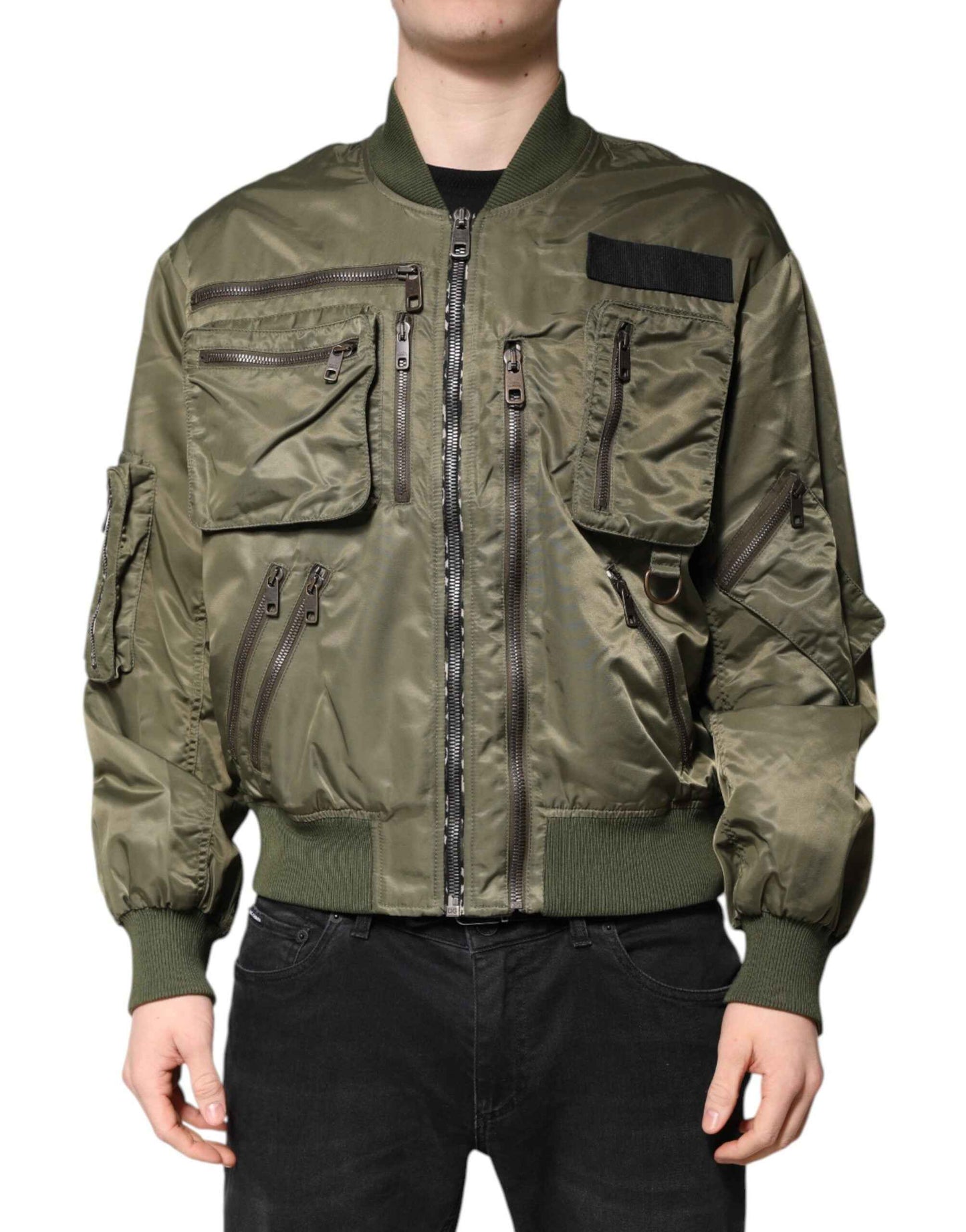 Green Nylon Full Zip Men Bomber Jacket