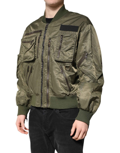 Green Nylon Full Zip Men Bomber Jacket