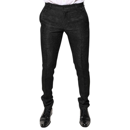 Black Floral Jacquard Mid Waist Dress Pants