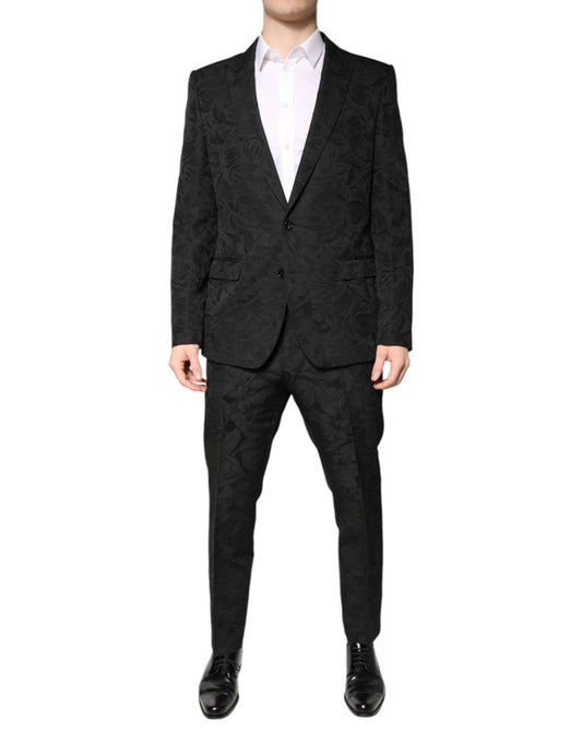 Black Polyester Floral Jacquard 2 Piece Suit
