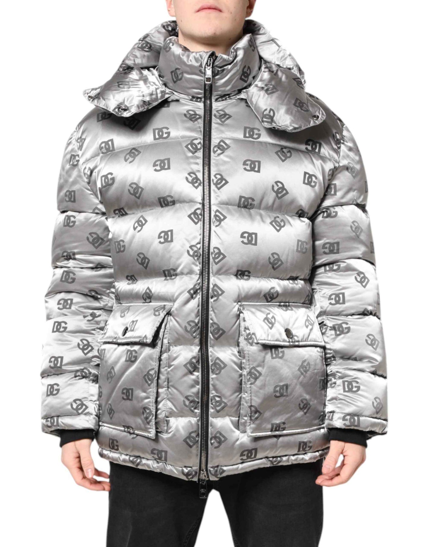 Silver Logo Full Zip Hooded Quilted Jacket
