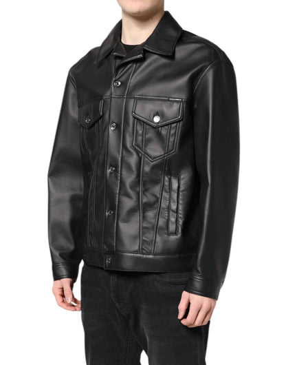 Black Polyester Button Down Biker Jacket