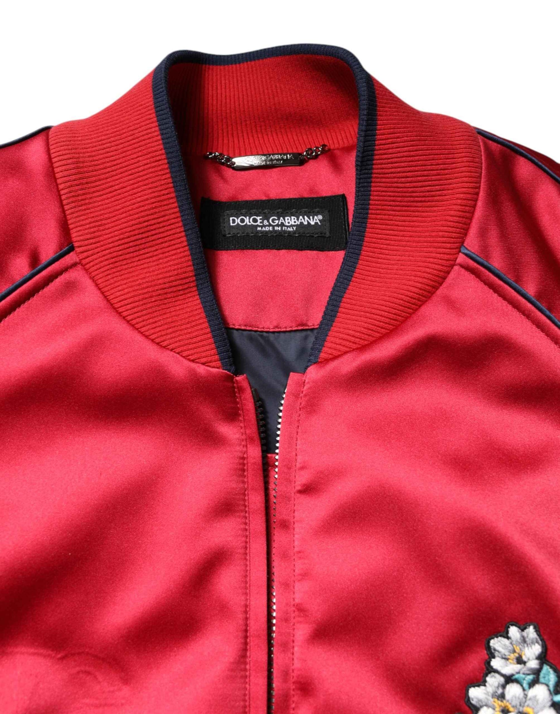 Red Floral Patch Full Zip Men Bomber Jacket
