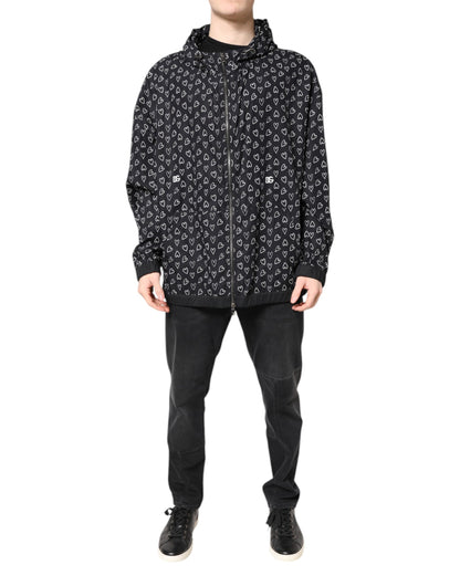 Black Heart Print Hooded Windbreaker Jacket