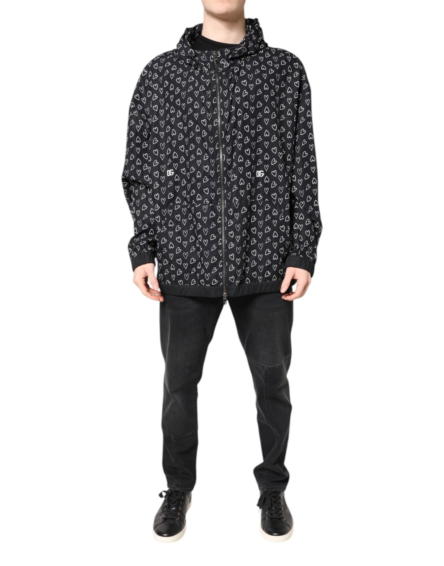 Black Heart Print Hooded Windbreaker Jacket