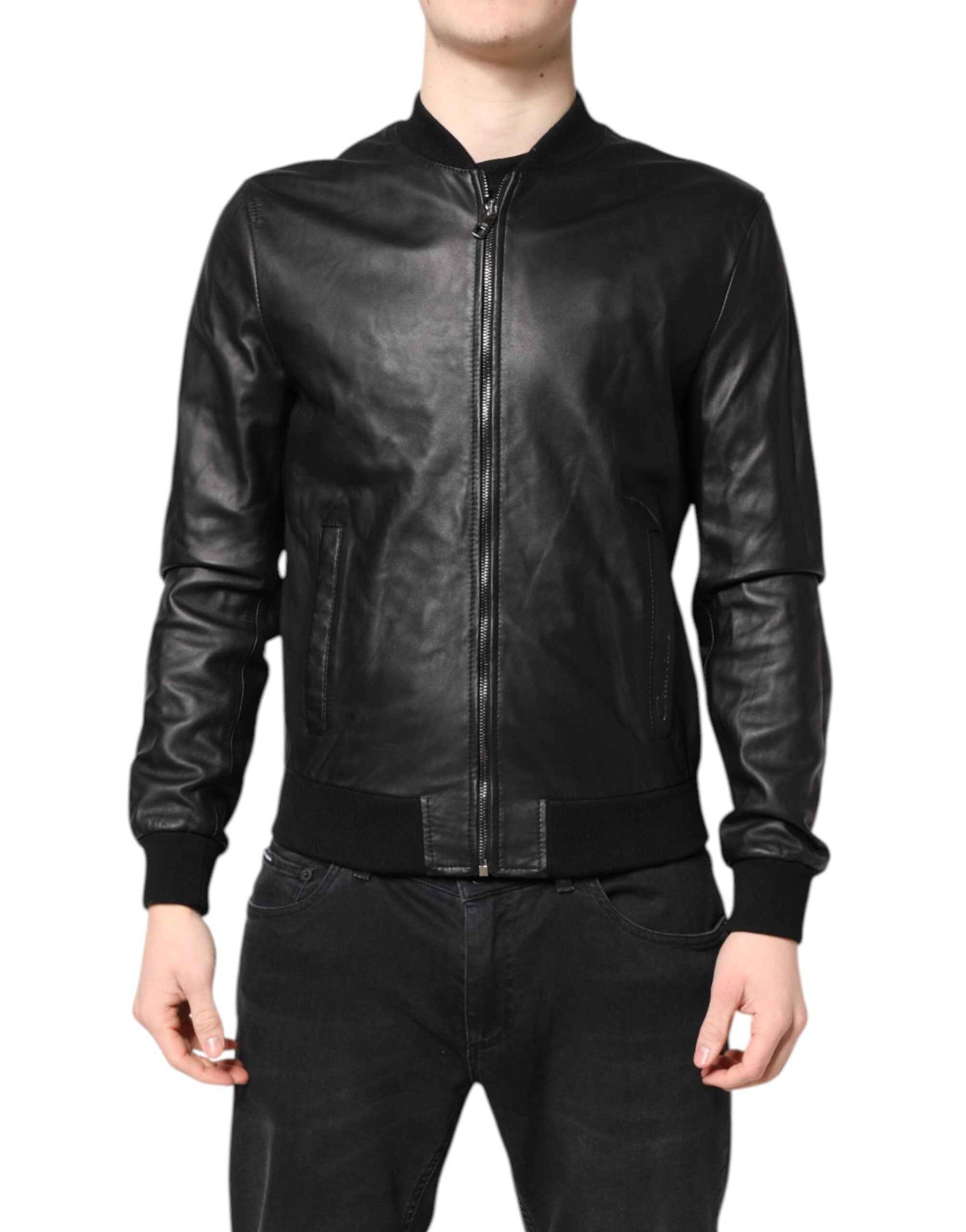 Black Lambskin Leather Full Zip Biker Jacket