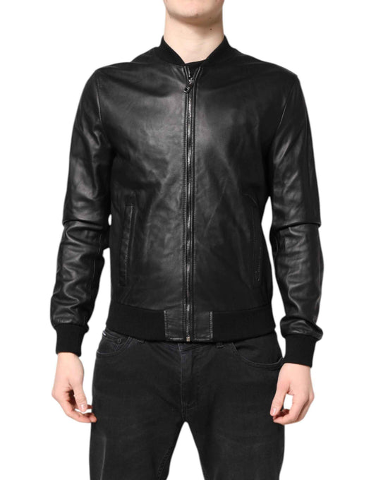 Black Lambskin Leather Full Zip Biker Jacket