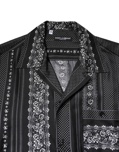 Black Silk Floral Print Short Sleeves Shirt