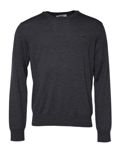 Gray Wool Logo Knitted Men Pullover Sweater