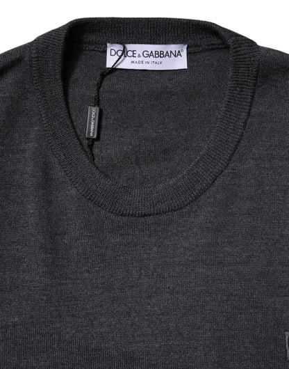 Gray Wool Logo Knitted Men Pullover Sweater