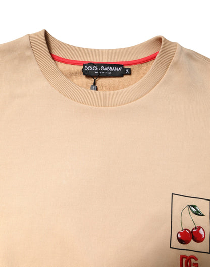 Beige Cherry Print Crew Neck Pullover Sweater