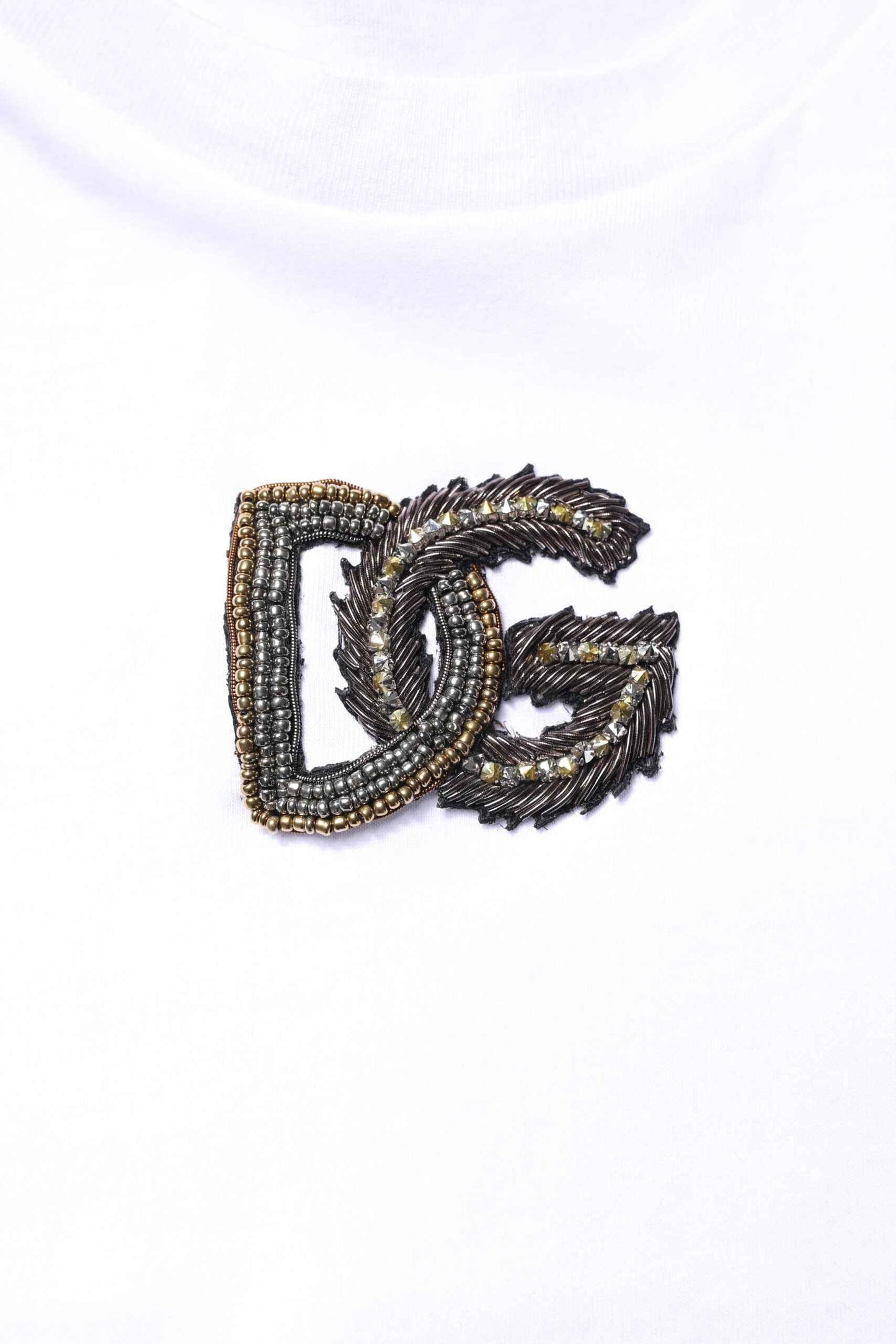 White Cotton DG Embroidery Crew Neck T-shirt