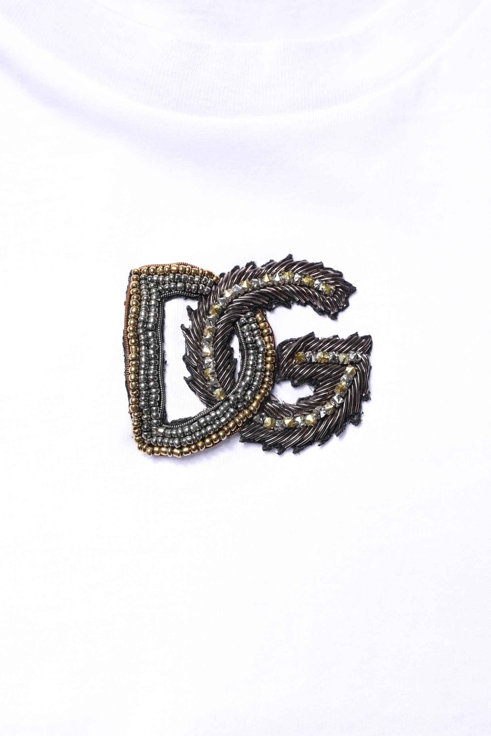 White Cotton DG Embroidery Crew Neck T-shirt